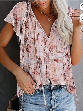 Simple Pink and Rust Printed Ruffle Sleeve Blouse